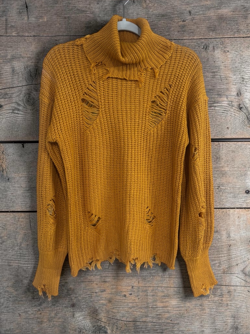Distressed Mustard Turtleneck Sweater - Women